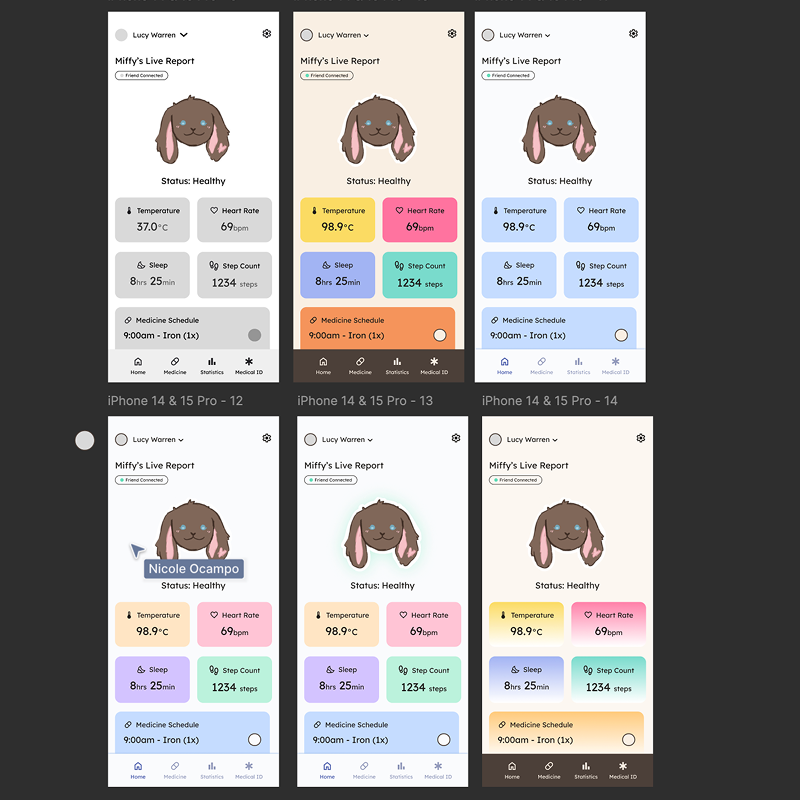 These are the finished wireframes created by Nicole. We all pondered about the colours, I made some suggestions here and there and we all discussed the functions of the app.